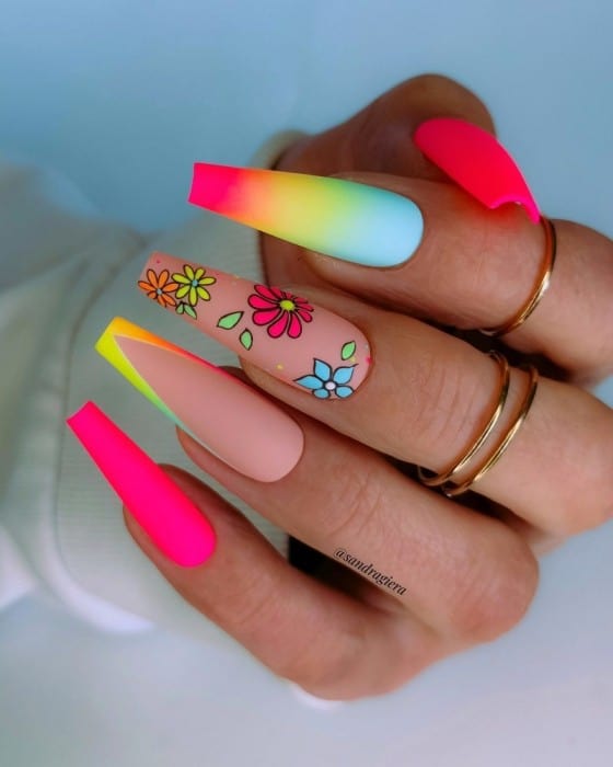 Neon pink and yellow nails with flowers 