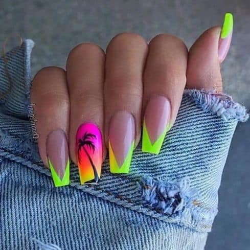 French tips Neon pink and yellow nails