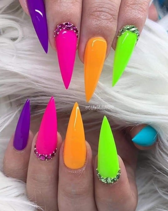 Neon pink and yellow nails with rhinestones 