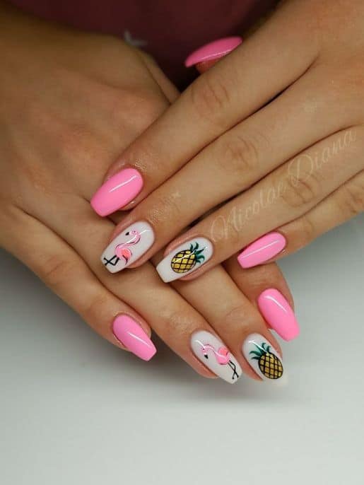 Pink Tropical Nails with Flamingos