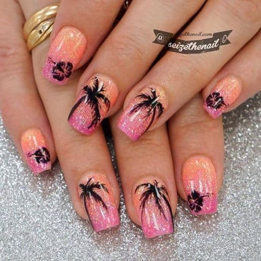 Pink Tropical Nails with shimmer 