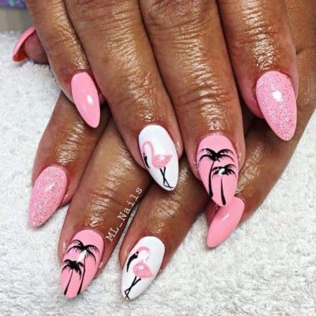 Pink flamingo tropical nail design