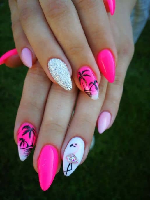 white and Pink Tropical Nails