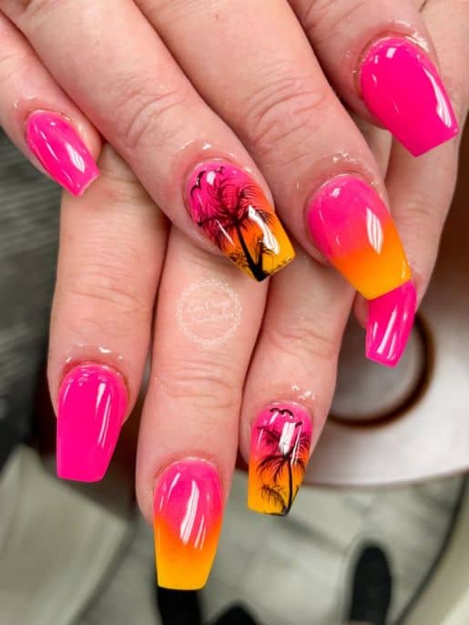 pink Sunset Ombre and palm tree nails