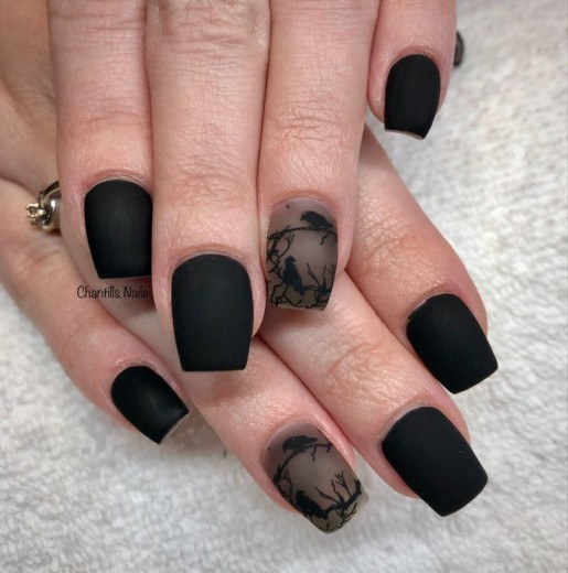 simple Matte black Halloween nails with crows 