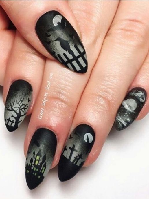 Gothic matte black Halloween nails