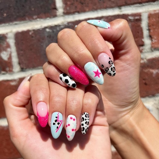 August Nails Designs | White pink and blue nails