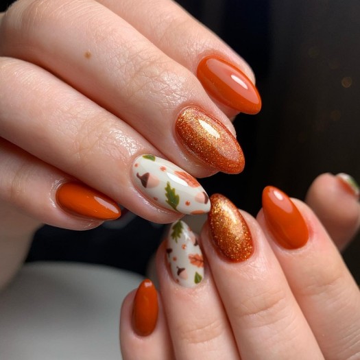 burnt orange nails with glitter