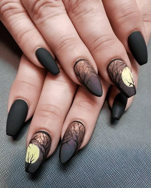 Dark Night Halloween nails with gold leaf