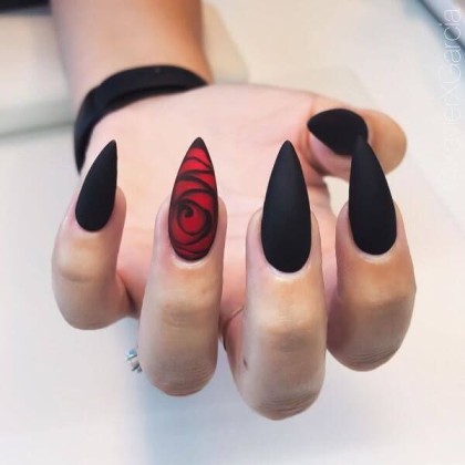 Matte black Halloween nails with red rose