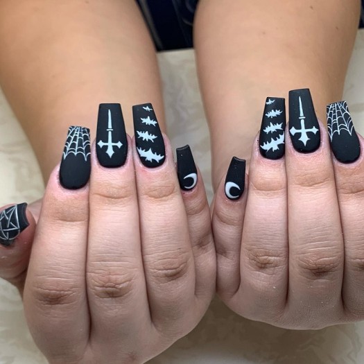 Matte black Halloween nails with Bats