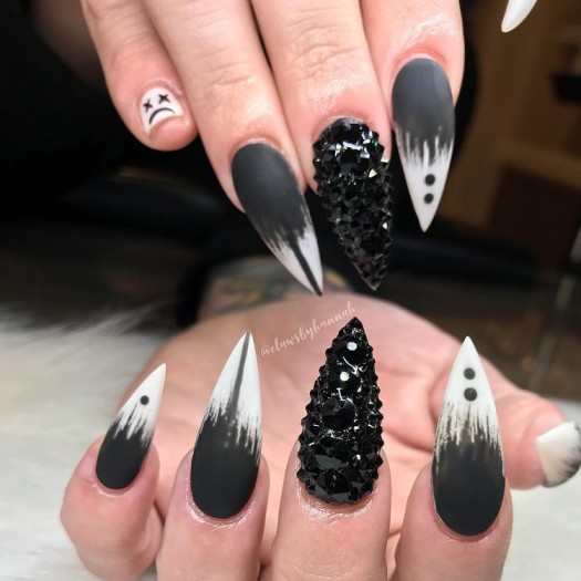 matt black Halloween nails with Diamonds