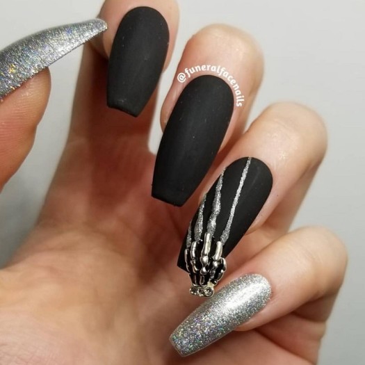 matte black Halloween nails with Skeleton hand charm nails