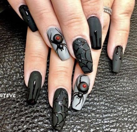 matte black Halloween nails with spiders , web and drip 